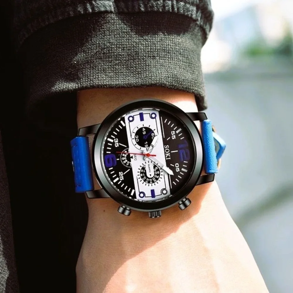 SOKI Mens Sport Quartz Watch Black Blue Leather Strap Military Racing‎ Style NEW